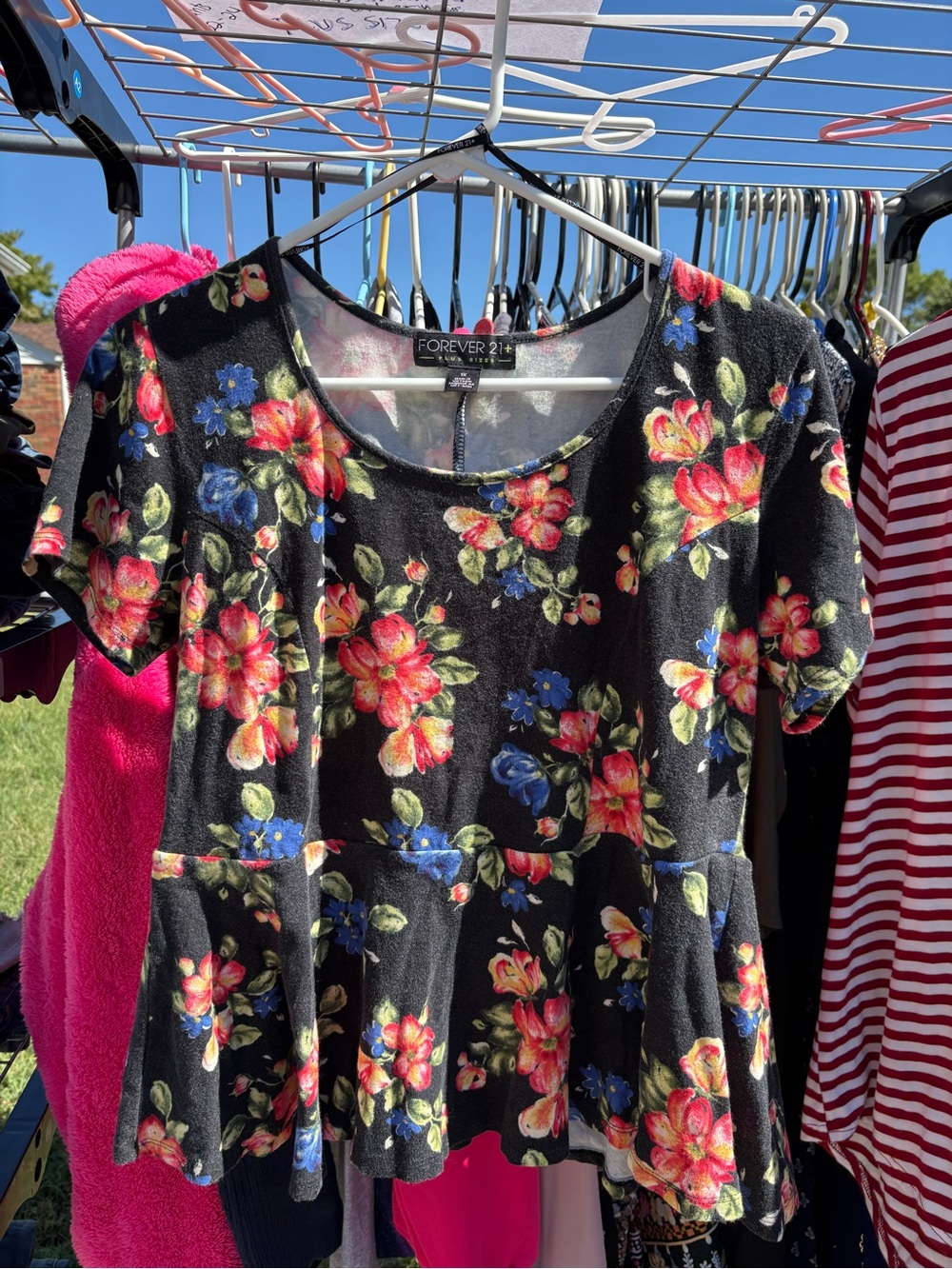 Forever 21 Black Floral Peplum Top - Pink & Blue Flowers